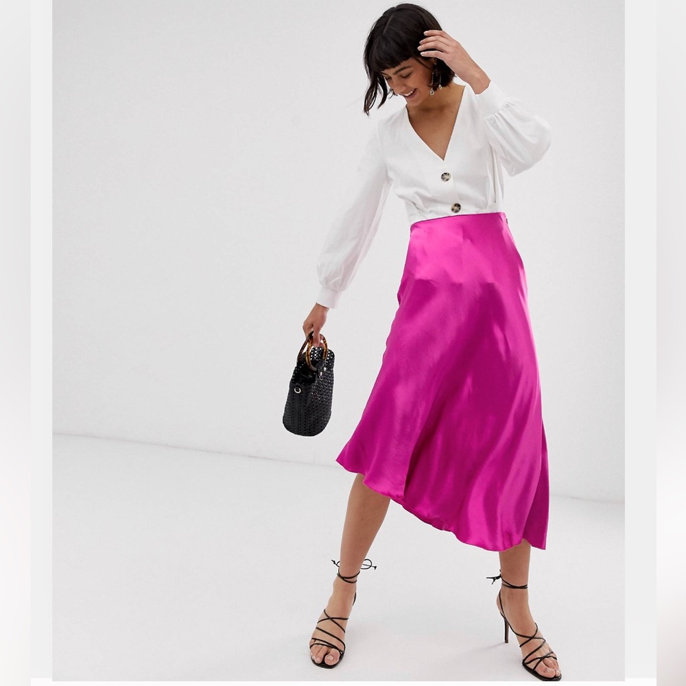 & OTHER STORIES Satin Asymmetrical Hem Midi Skirt in hot pink fuchsia - Picture 1 of 7